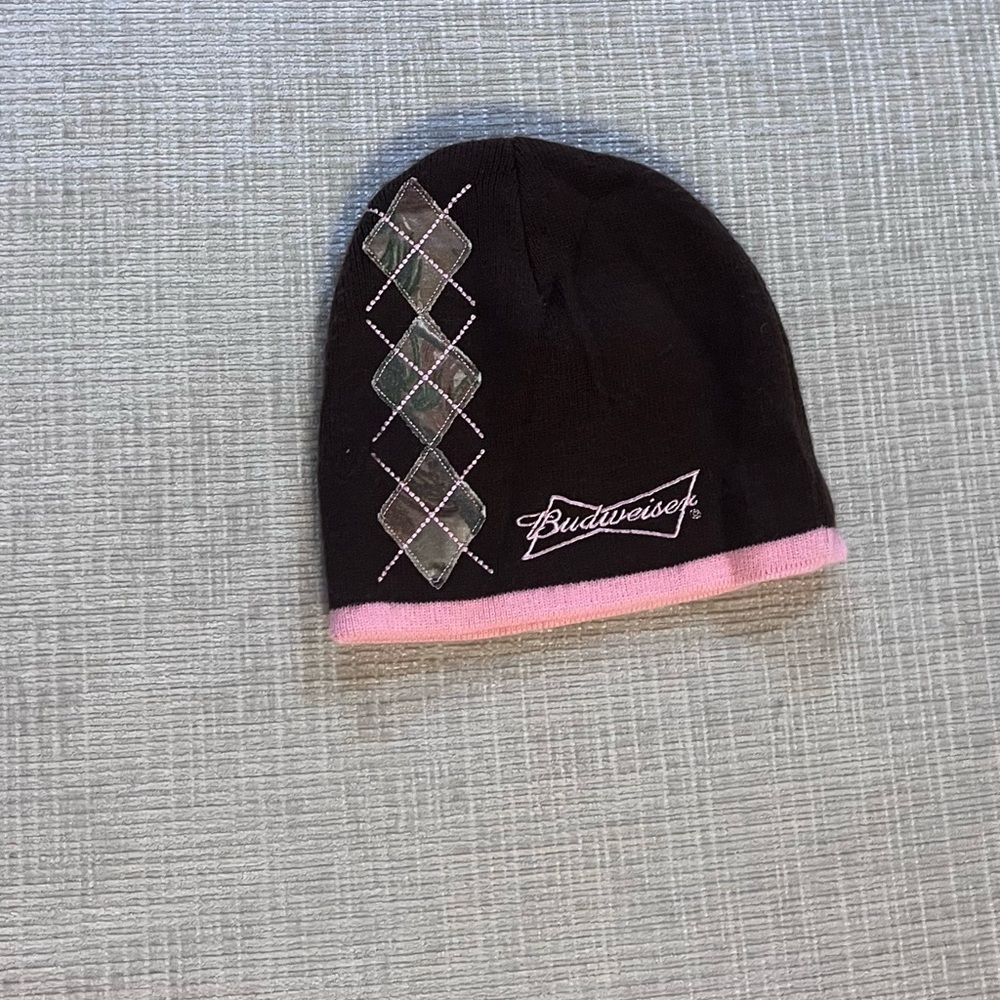 Budweiser Brown Beanie with Pink Trim